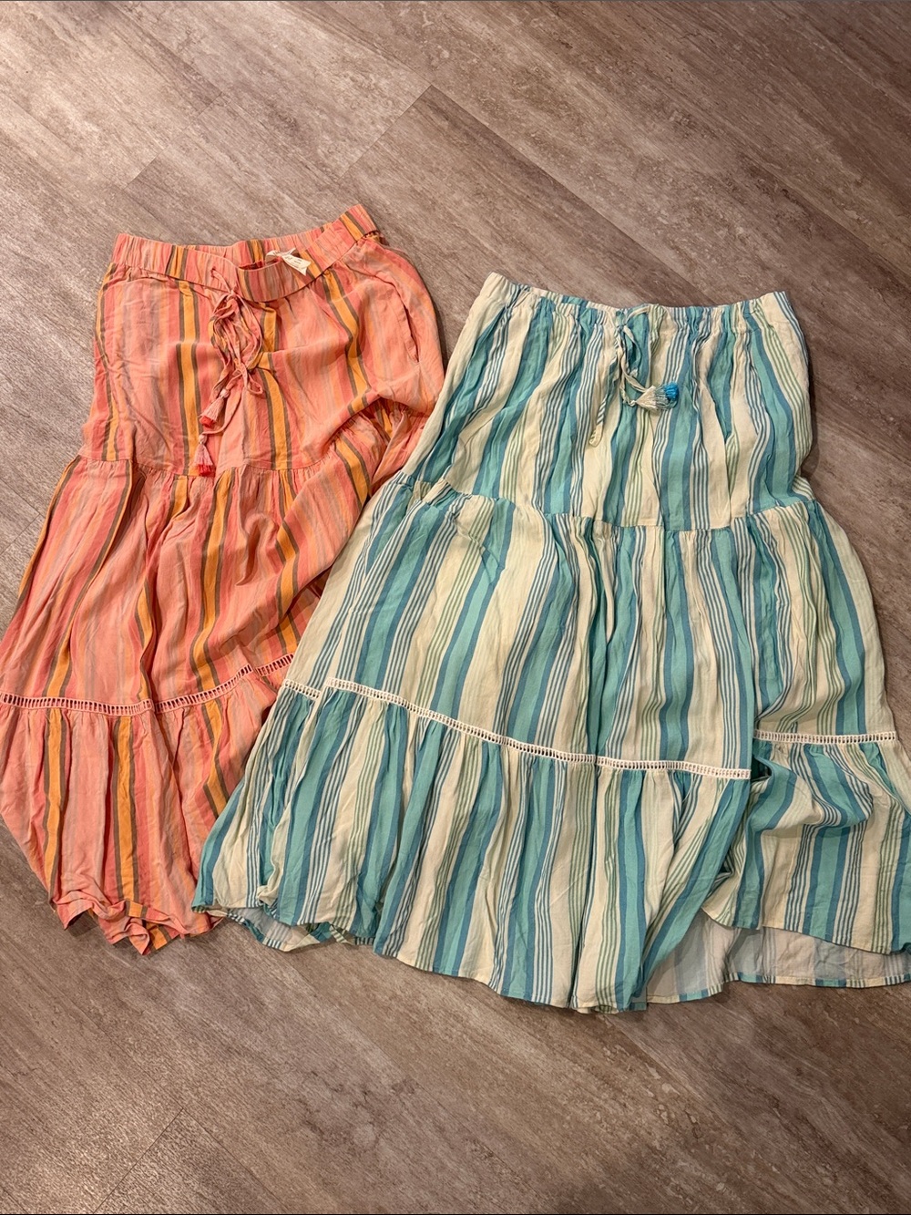 Matilda Jane Striped Tiered Midi Skirts in Coral and Aqua